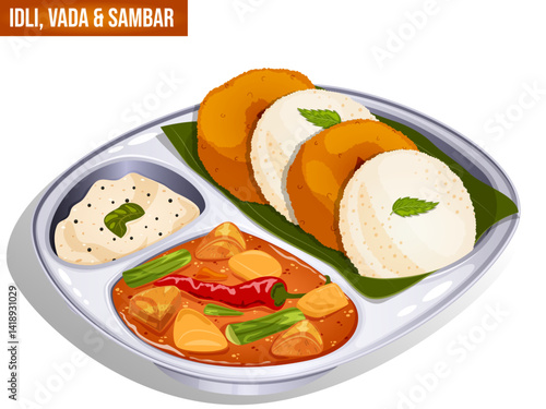 Classic South Indian Breakfast Partition Metal Tray. Idli, Vada on Banana Leaf with Sambar and Coconut Chutney. Traditional Cuisine Detailed Illustration