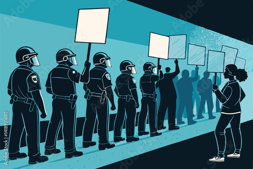 A stark silhouette of a police line facing a crowd of protestors; conveying tension and social unrest.