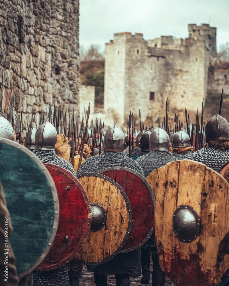 A historical scene with armored warriors preparing for battle. Capturing the essence of medieval times with intricate shields and a distant fortress. Generative AI.
