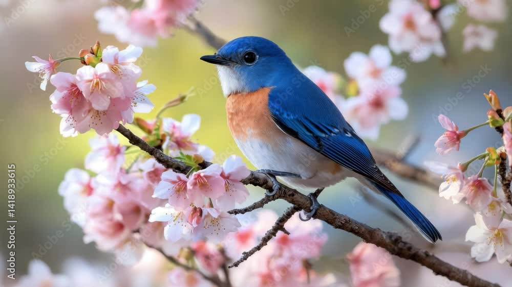 A striking bluebird rests on a branch amidst delicate pink cherry blossoms, showcasing the beauty of springtime in a tranquil garden setting, celebrating nature's vibrant colors. A striking bluebird rests on a branch amidst delicate pink cherry blossoms, showcasing the beauty of springtime in a tranquil garden setting, celebrating nature's vibrant colors.