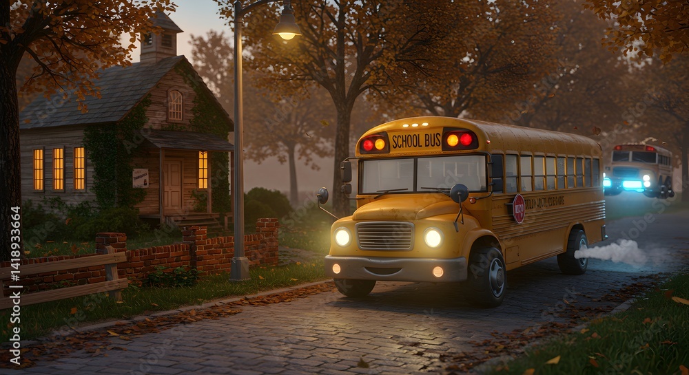 Obraz premium Nostalgic autumn scene featuring vintage school buses near a quaint schoolhouse