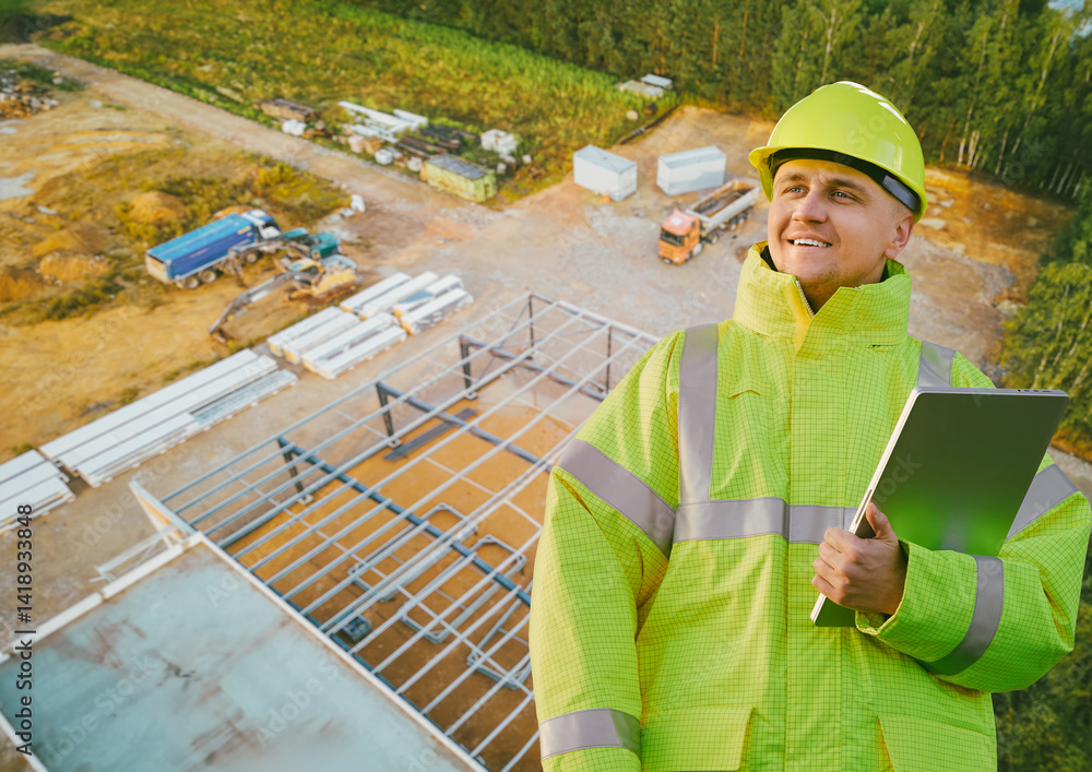 Site manager inspecting building progress with tablet