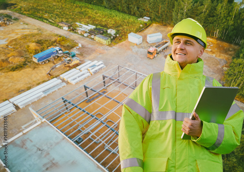 Obraz na płótnie Site manager inspecting building progress with tablet w salonie