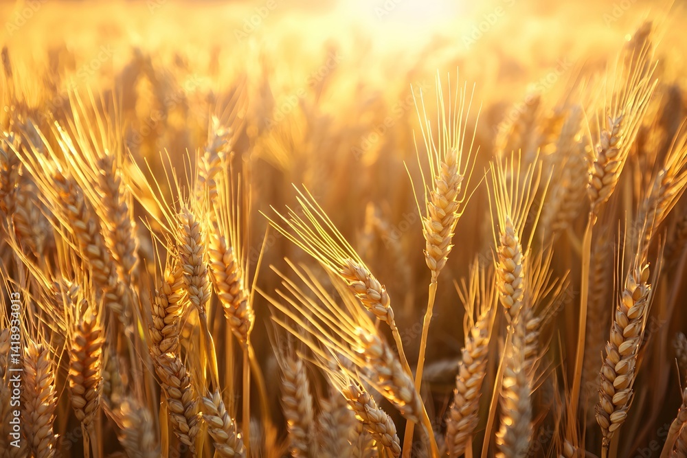 A stunning golden field of wheat glows in the evening light, with bright stalks shining under the A stunning golden field of wheat glows in the evening light, with bright stalks shining under the