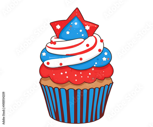 Illustration of a Kawaii Cupcake with Patriotic Colors and Star Decoration, Perfect for Celebrating National Holidays and Festive Occasions
