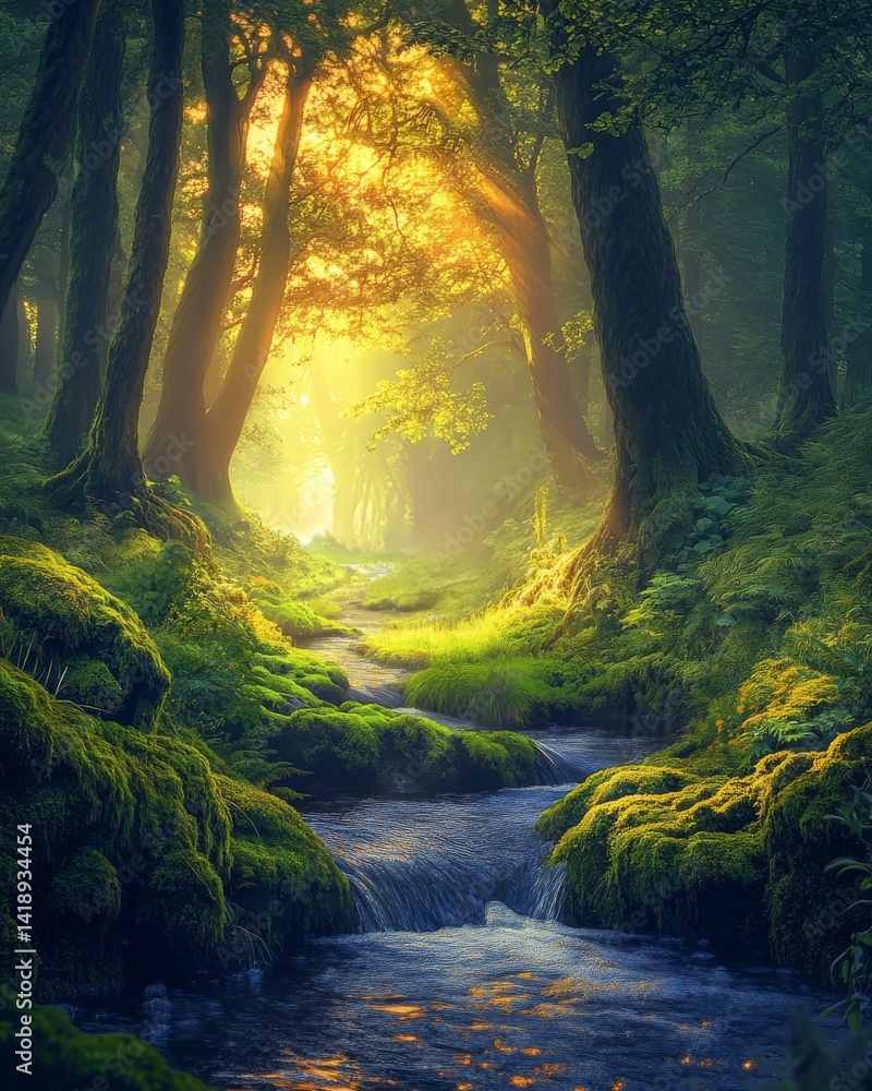 Enjoy the serene beauty of a forest scene. This image captures sunlight filtering through trees. A tranquil stream flows. Perfect for nature lovers. Generative AI