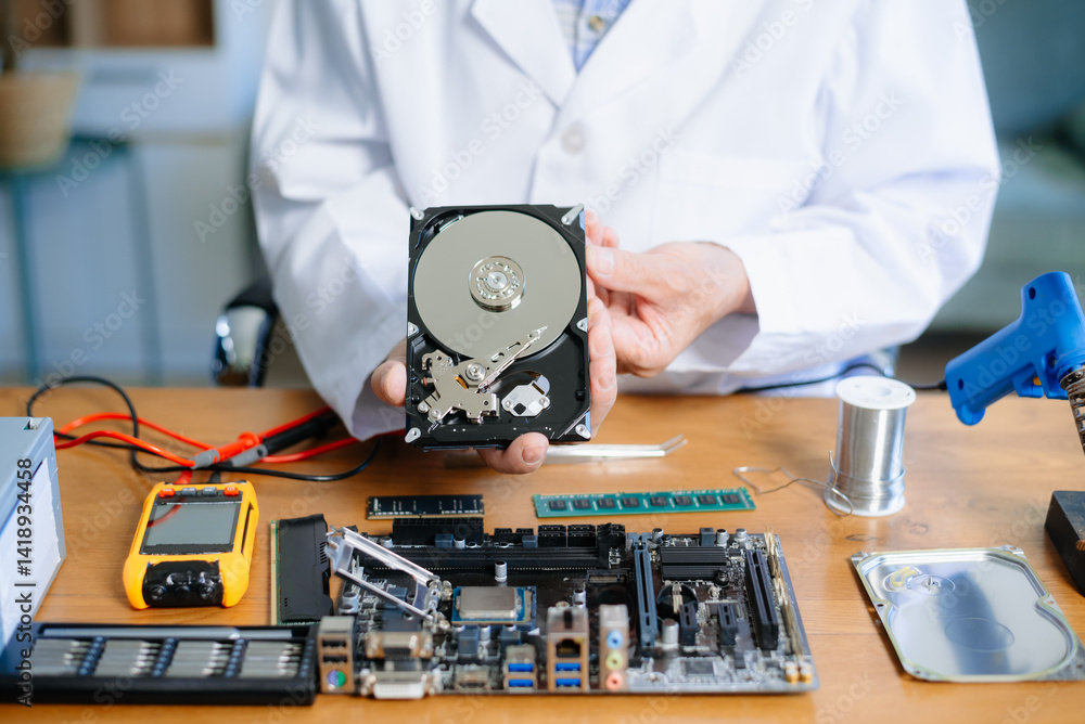 Obraz premium Electronics technician, electronic engineering electronic repair, electronics measuring and testing, repair