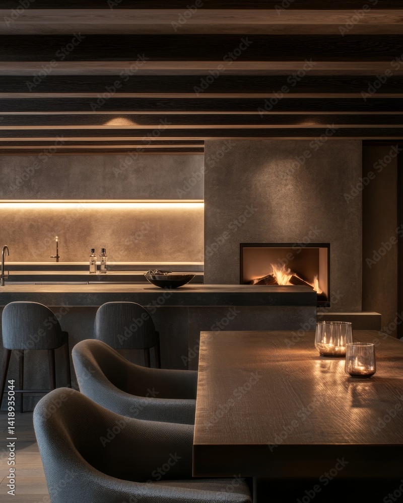 Modern interior showcasing a sleek kitchen area with cozy fire ambiance. Warm lighting enhances the inviting atmosphere. A design that merges comfort and style. Generative AI