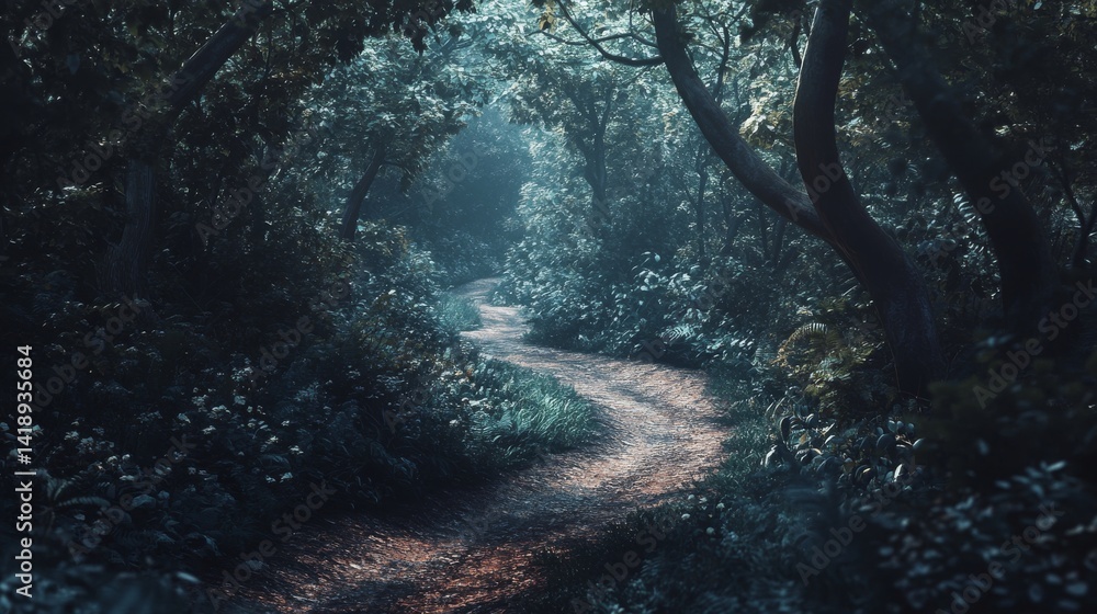 A serene forest path winding through lush greenery. Sunlight filters through the trees, creating a magical atmosphere. Nature invites exploration and tranquility. Generative AI A serene forest path winding through lush greenery. Sunlight filters through the trees, creating a magical atmosphere. Nature invites exploration and tranquility. Generative AI