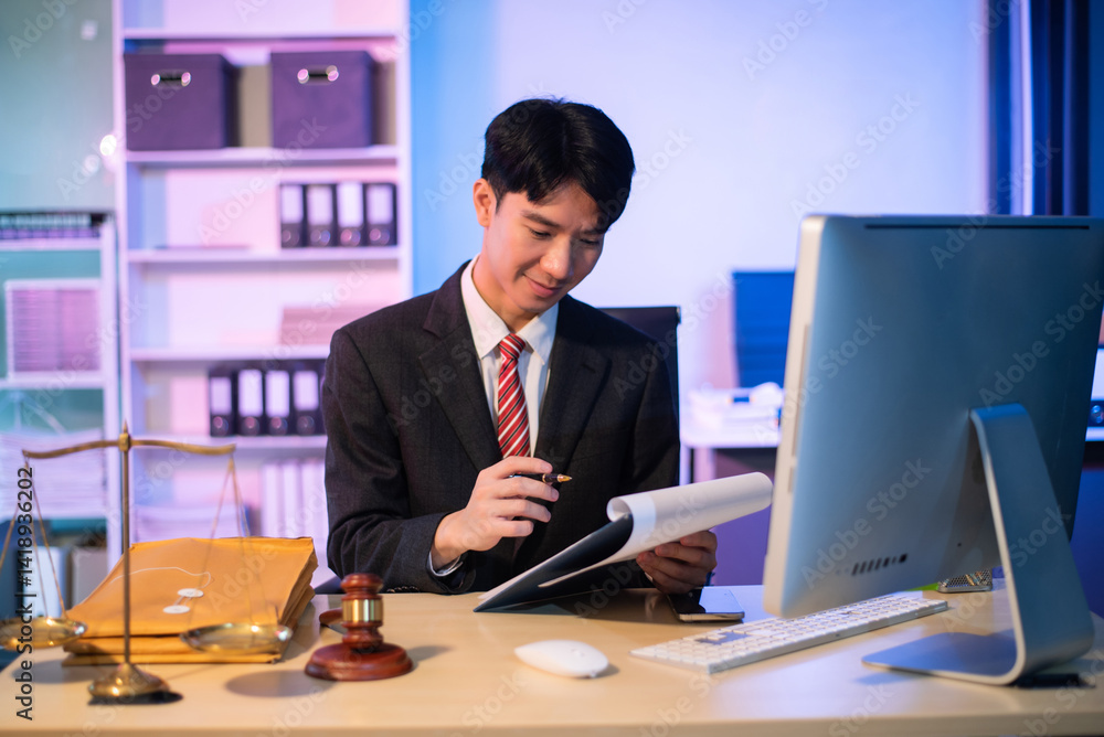 Young Asian lawyer at desk with legal scales and gavel, writing documents in office, offering legal services Young Asian lawyer at desk with legal scales and gavel, writing documents in office, offering legal services