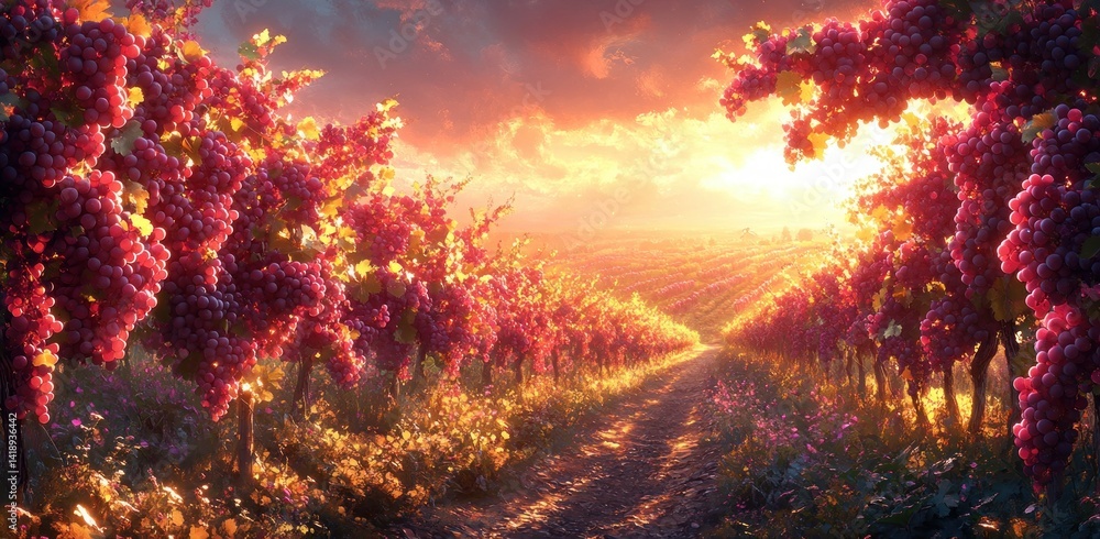 Autumn Vineyard at Golden Hour with Ripe Grapes and Sunlight Autumn Vineyard at Golden Hour with Ripe Grapes and Sunlight