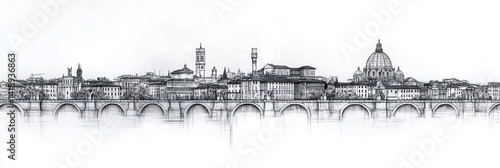 Minimalist European city skyline line art with white background simple monochrome elegant modern urban travel landmark banner