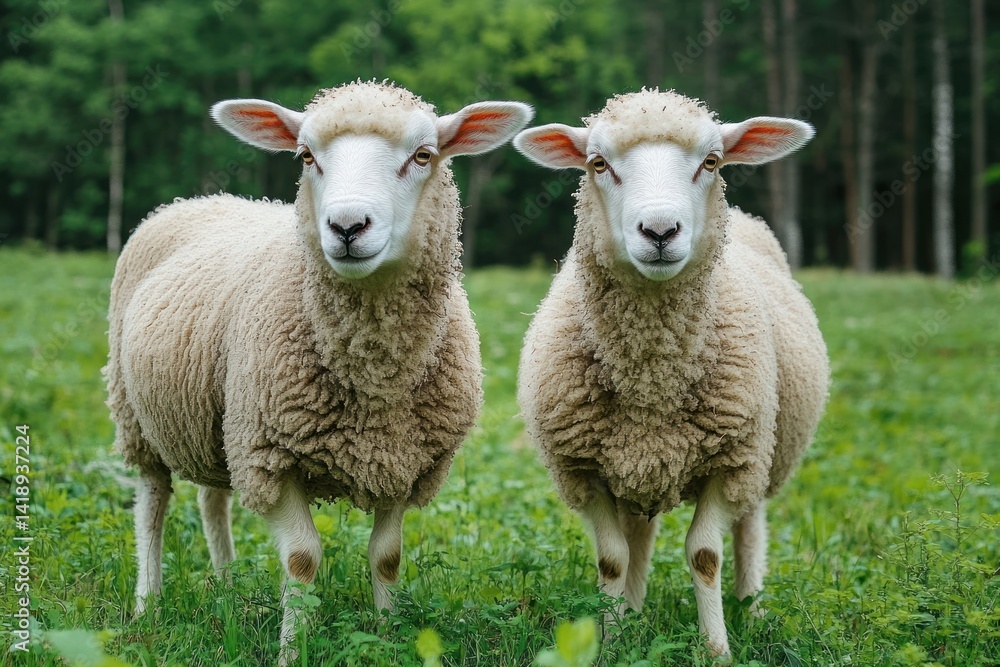 Fototapeta premium Two white sheep standing in green meadow with forest background in soft natural light