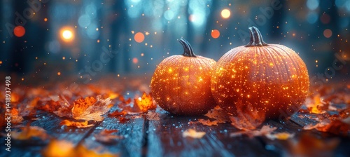 Fototapeta Naklejka Na Ścianę i Meble -  Autumn pumpkins on wooden table with fall leaves and warm soft lights festive seasonal background