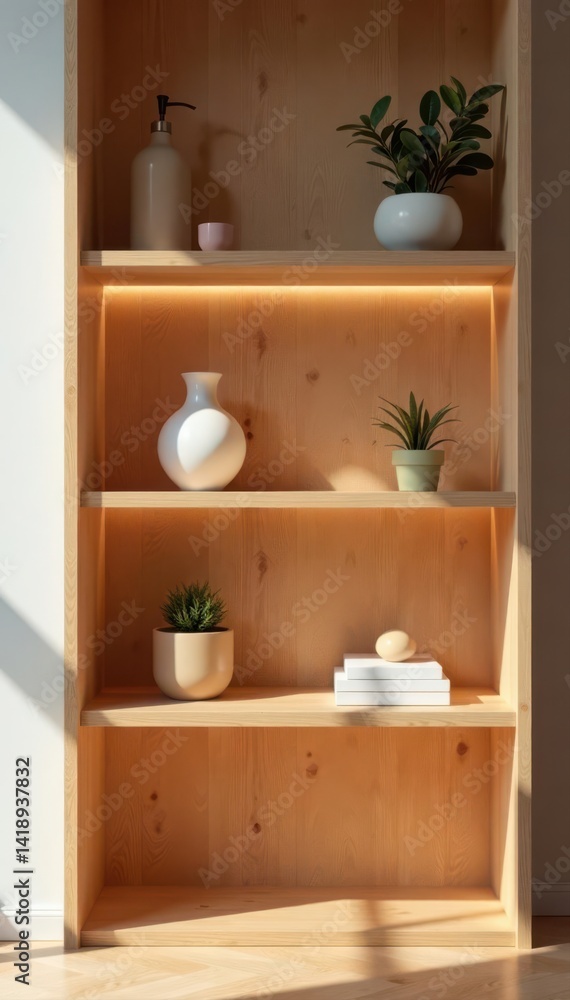 Fototapeta premium Futuristic wooden shelf, clean lines & soft light, ideal for product shots , mockup, backdrop