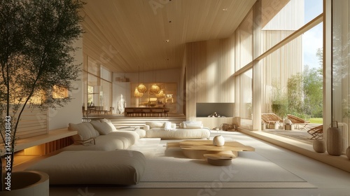 Light filled modern living room with minimalist wooden interior