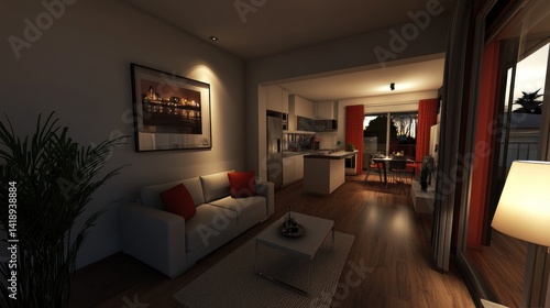 Wallpaper Mural Cozy evening living room, open-plan kitchen, modern home, twilight ambiance Torontodigital.ca