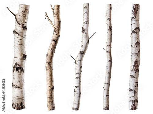 Collection of Birch Tree Trunks: Diverse Shapes and Textures of White Birch Bark