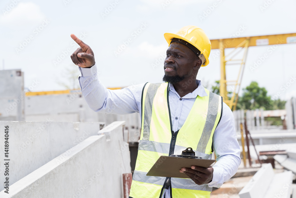 Engineer, Construction site. Foreman builder man working and inspecting structure of precast concrete wall at construction site. African American foreman construction man working at site work Engineer, Construction site. Foreman builder man working and inspecting structure of precast concrete wall at construction site. African American foreman construction man working at site work