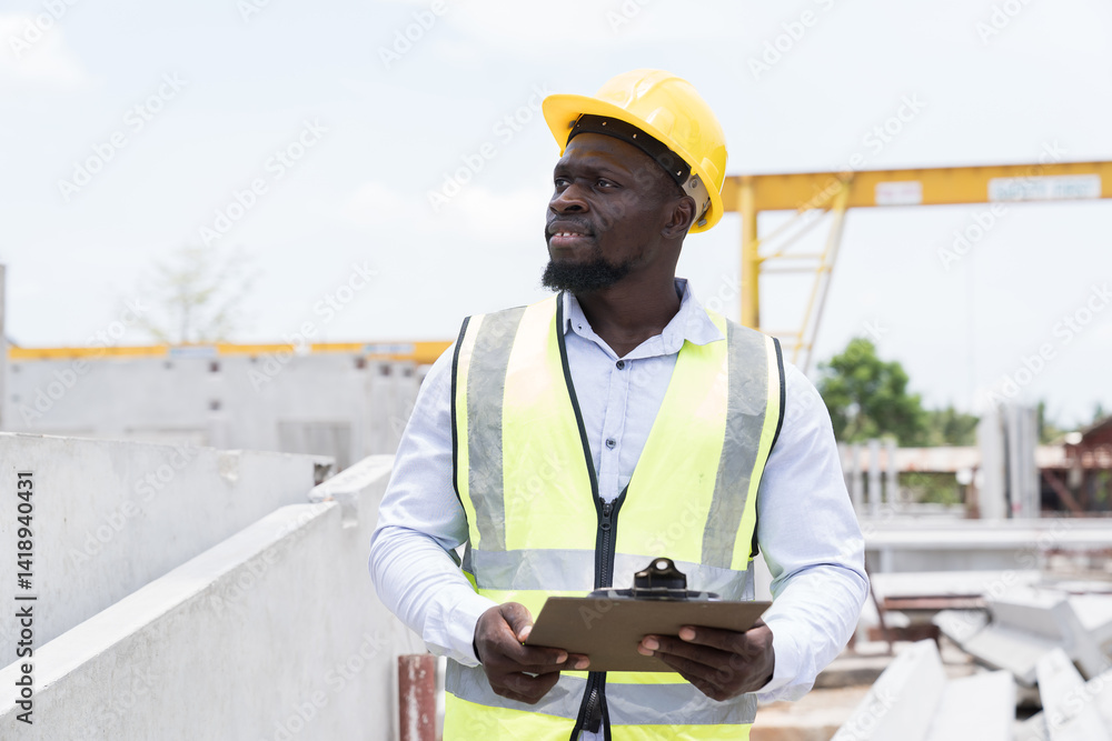 Engineer, Construction site. Foreman builder man working and inspecting structure of precast concrete wall at construction site. African American foreman construction man working at site work Engineer, Construction site. Foreman builder man working and inspecting structure of precast concrete wall at construction site. African American foreman construction man working at site work