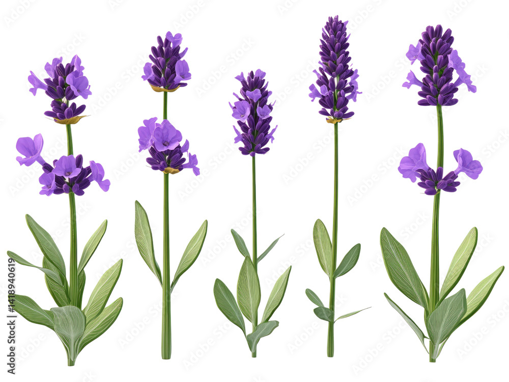 Fototapeta premium Collection of Detailed Lavender Flowers Isolated on Black Background Botanical Illustration