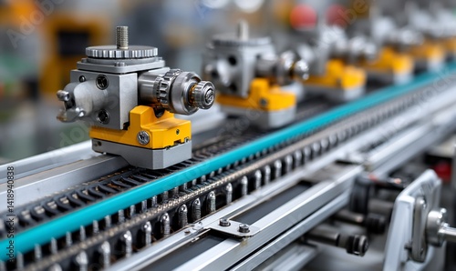 Machinery components moving on a production line, focused on the robotic device