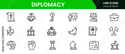 Diplomacy line icons collection. UI icon set in a flat design. Excellent signed icon collection. Thin outline icons pack. Vector illustration