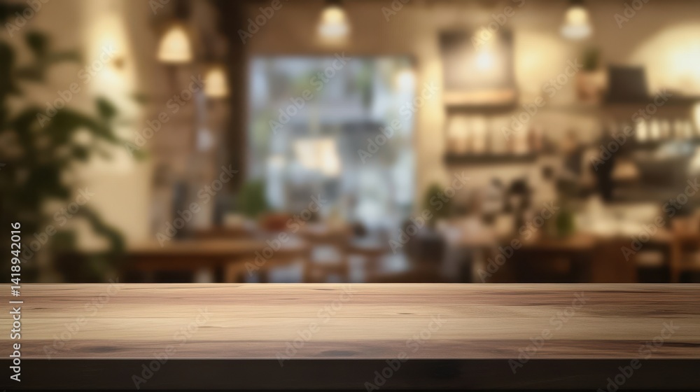 Empty wooden tabletop in cozy cafe with blurred background ambiance Empty wooden tabletop in cozy cafe with blurred background ambiance
