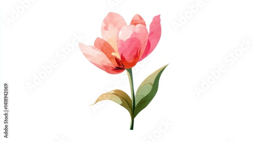 Delicate Watercolor Painting of a Single Light Pink Tulip Surrounded by Lush Green Leaves on a Pure White Background for Floral Design Inspiration
