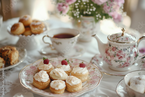 Wallpaper Mural Elegant Afternoon Tea Setting with Floral Teapot and Raspberry Scones Torontodigital.ca