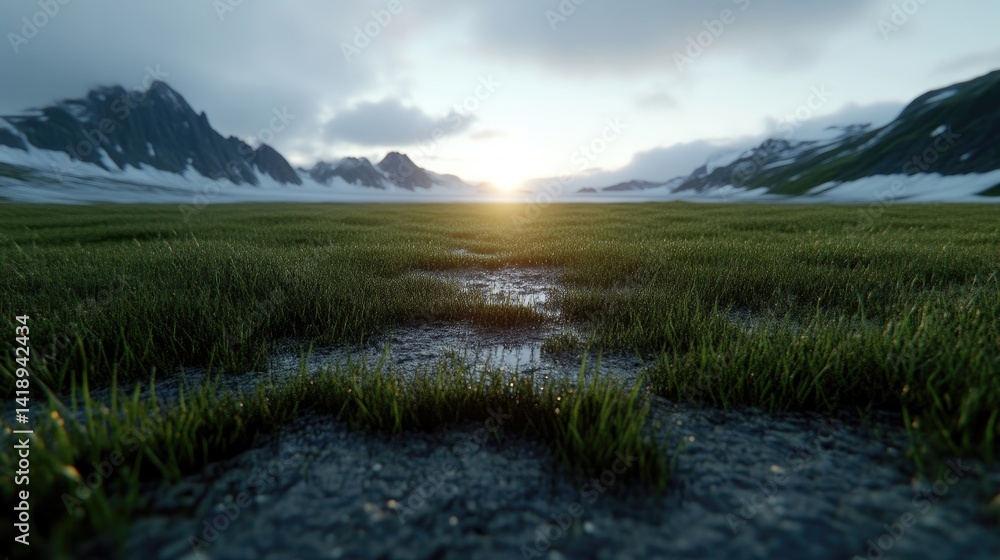Obraz premium Lush meadow at dawn in a snowy mountain landscape