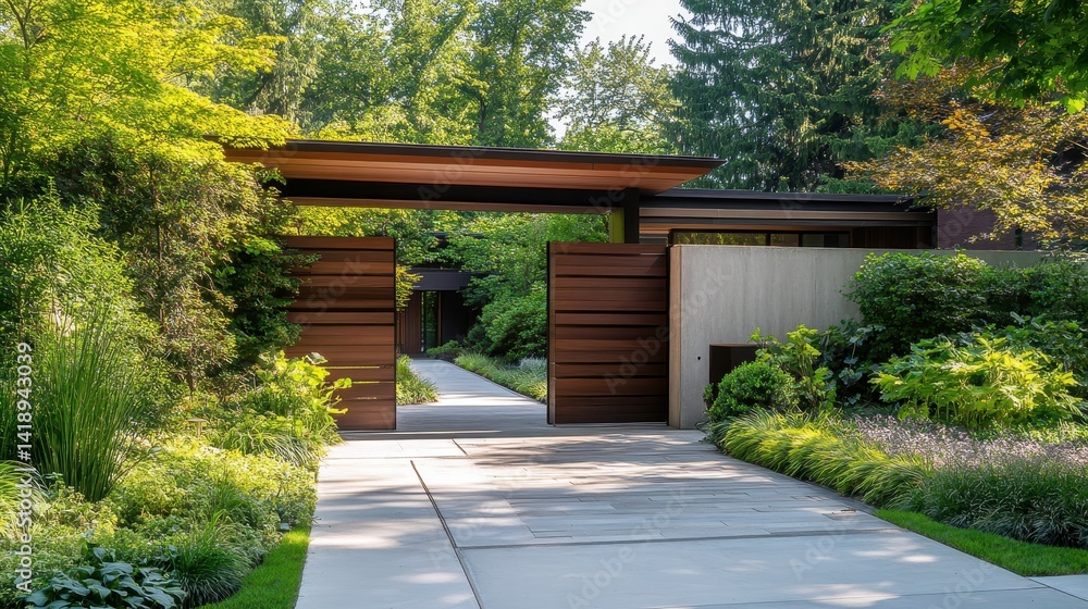 Fototapeta premium Modern house entrance features a wooden gate and lush greenery