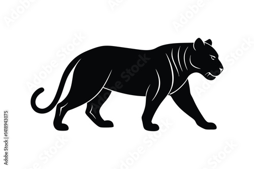 Silhouette art illustration of a stalking tiger with low body posture and extended tail.eps