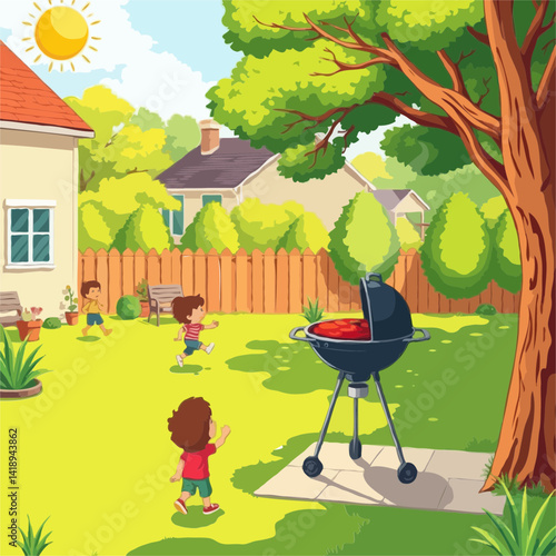 Sunny Backyard Barbecue Fun with Running Children