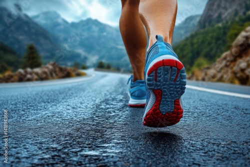 Runner's legs and shoes on mountain road in morning light