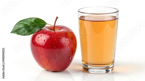 inviting red apple with dewdrops alongside a glass of crisp, clear apple juice, embodying a healthy and delicious lifestyle choice generated ai 