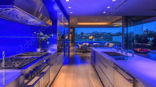 A modern, luxurious kitchen with vibrant blue lighting. photo