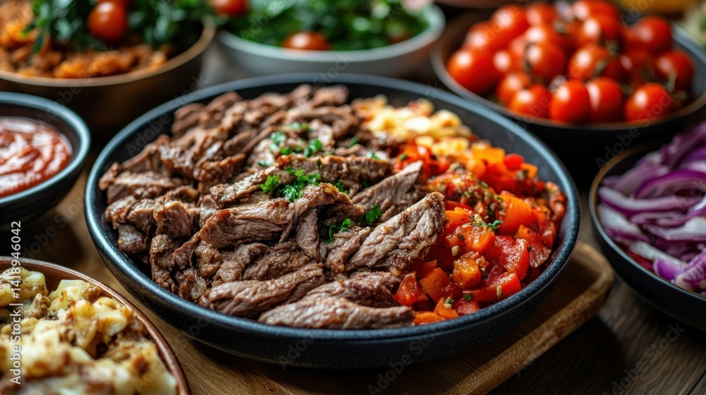 Sliced beef dish at buffet with assorted sides Sliced beef dish at buffet with assorted sides