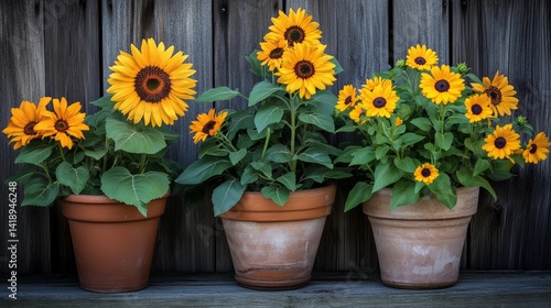 Wallpaper Mural Bright sunflowers in rustic pots against a wooden backdrop. Perfect for summer themes, gardening projects, or cheerful decor. Bring warmth and nature into your designs. Torontodigital.ca