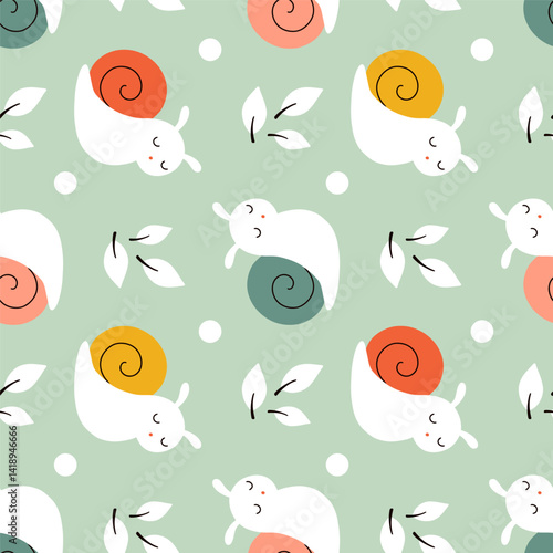 Cute little snails with colorful shells crawling in the garden among plants. Funny seamless vector pattern for children's textile designs