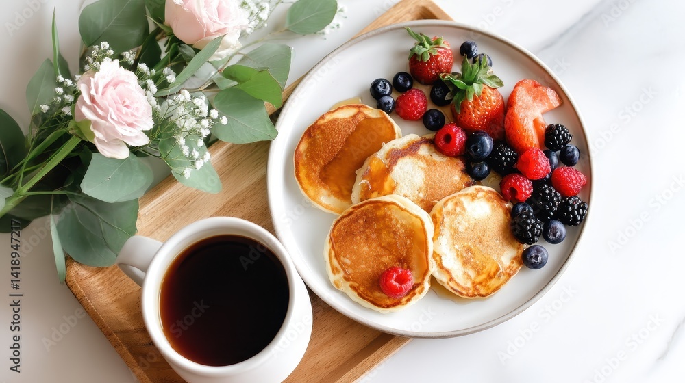 A delicious breakfast plate featuring pancakes, fresh berries, and coffee on a wooden tray A delicious breakfast plate featuring pancakes, fresh berries, and coffee on a wooden tray