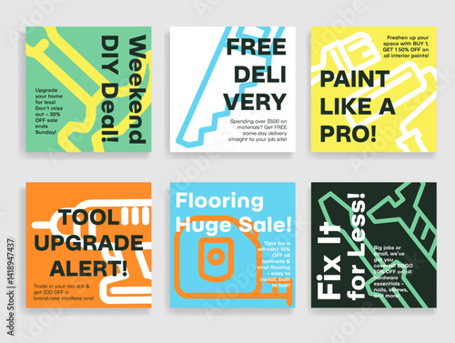 Social media post templates offering special discounts on home improvement tools, free shipping on large orders, and discounts on interior painting services