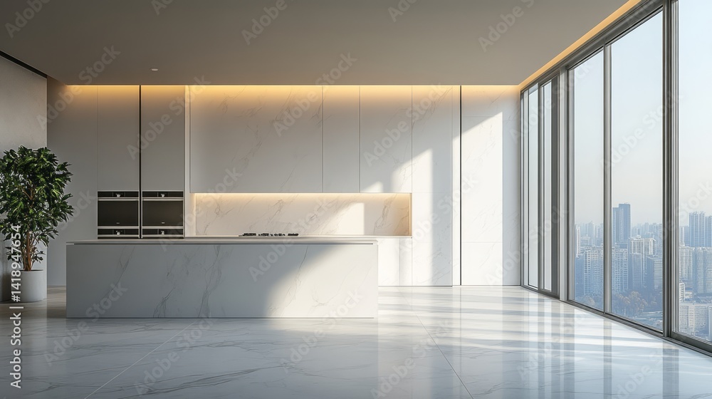 Modern kitchen design with large windows and city view Modern kitchen design with large windows and city view