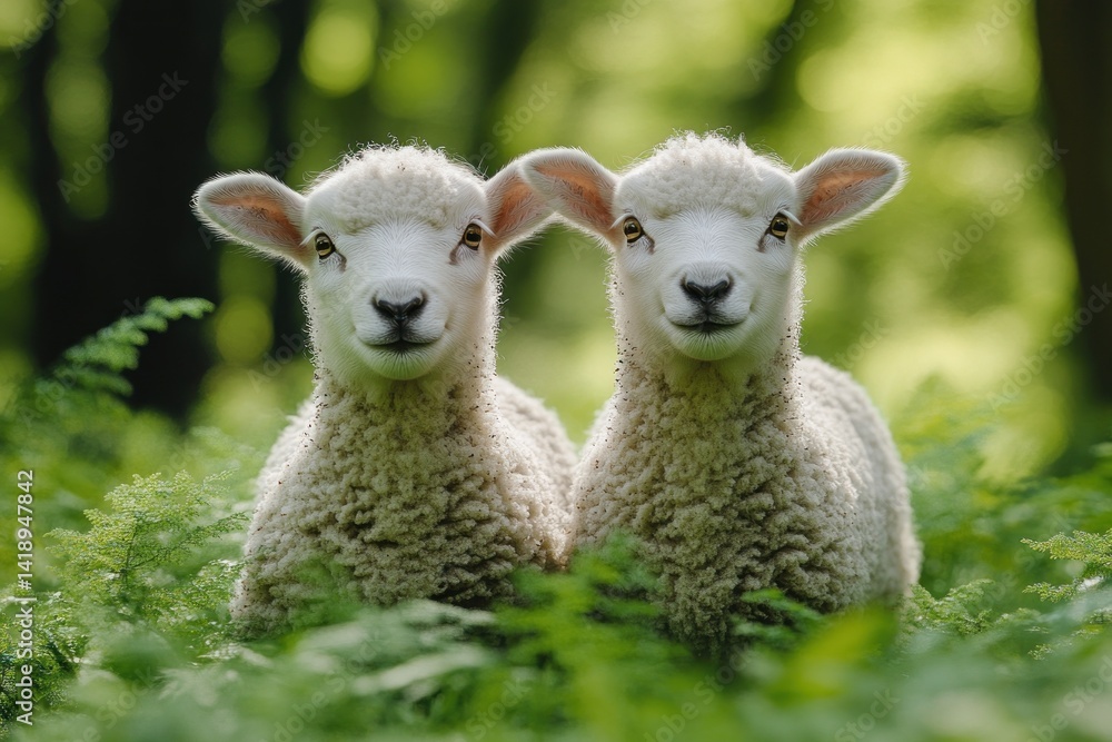 Fototapeta premium Two sheep grazing in green meadow with forest background on a sunny day