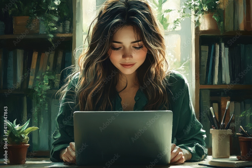 Smiling woman in green shirt working on laptop in cozy modern home office with bookshelf and plants Smiling woman in green shirt working on laptop in cozy modern home office with bookshelf and plants