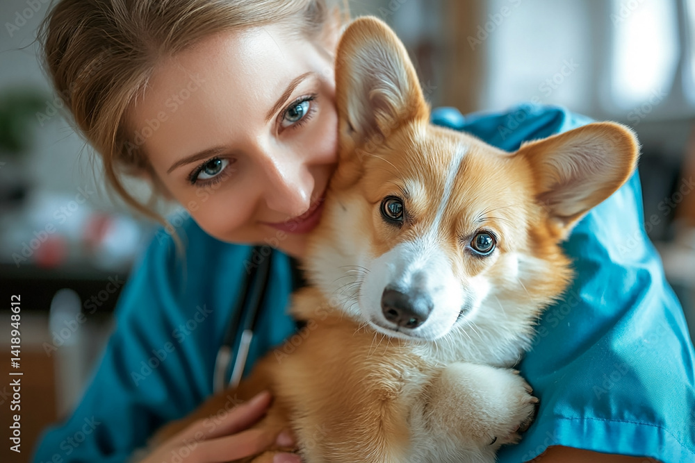 Veterinarian in blue scrubs cuddling a recovered corgi puppy in a clinic, both making eye contact with the camera, ideal for healthcare and animal care visuals.
Veterinarian in blue scrubs cuddling a recovered corgi puppy in a clinic, both making eye contact with the camera, ideal for healthcare and animal care visuals.