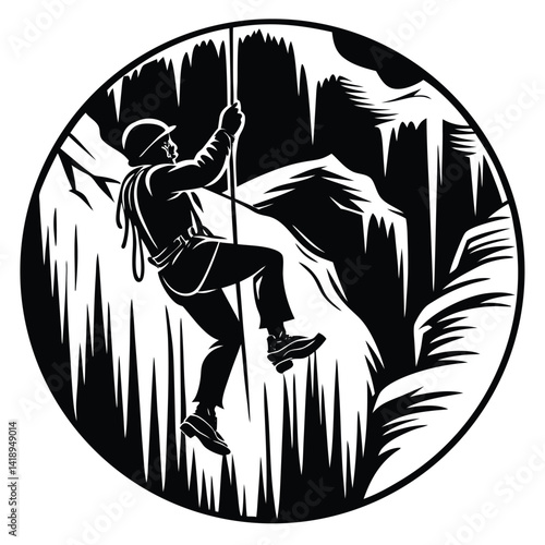 Caving Adventure: Silhouette Illustration of a Cave Explorer Rappelling Down with Stalactites and Stalagmites in a Circular Design