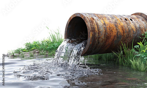 rusty pipe pouring water into river isolated on transparent background