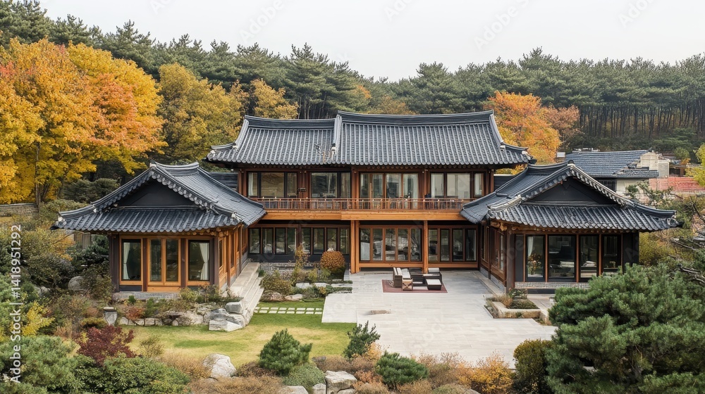 Beautiful traditional Korean house nestled amongst trees in autumn Beautiful traditional Korean house nestled amongst trees in autumn