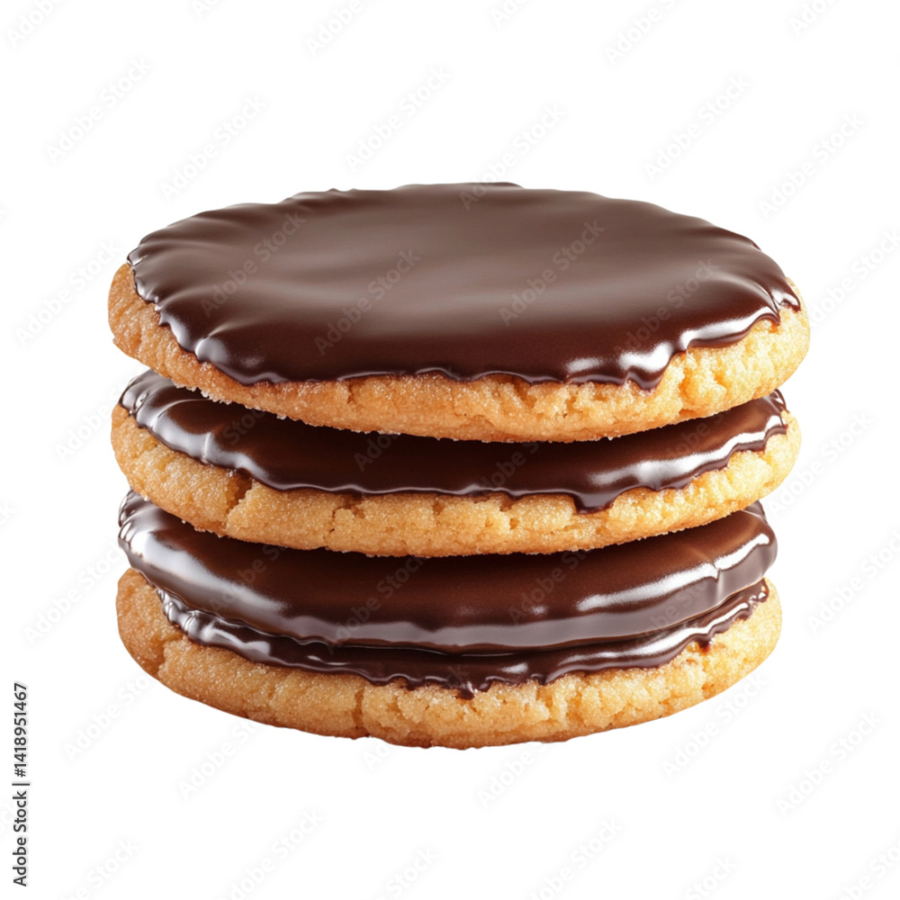 A realistic photograph of a single stacked circular cookie with chocolate glaze, isolated on a transparent background A realistic photograph of a single stacked circular cookie with chocolate glaze, isolated on a transparent background